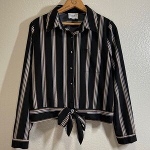 J.O.A. Black & Brown Striped Button Front Crop Minimalist Tie Front Shirt sz L